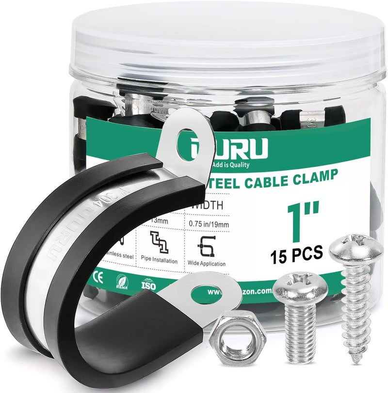 ORU 15PCS 1 Inch Cable Clamps with 35PCS Screws Assortment Kit 304 Stainless Steel Rubber Cushioned Insulated Cable Clamp, Automotive Wire Pipe Clamps(25mm) - Image 1
